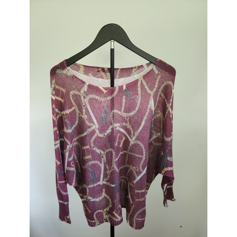 Gigi Moda Italy Womens OS Burgundy Equestrian Chain Print Batwing Sweater